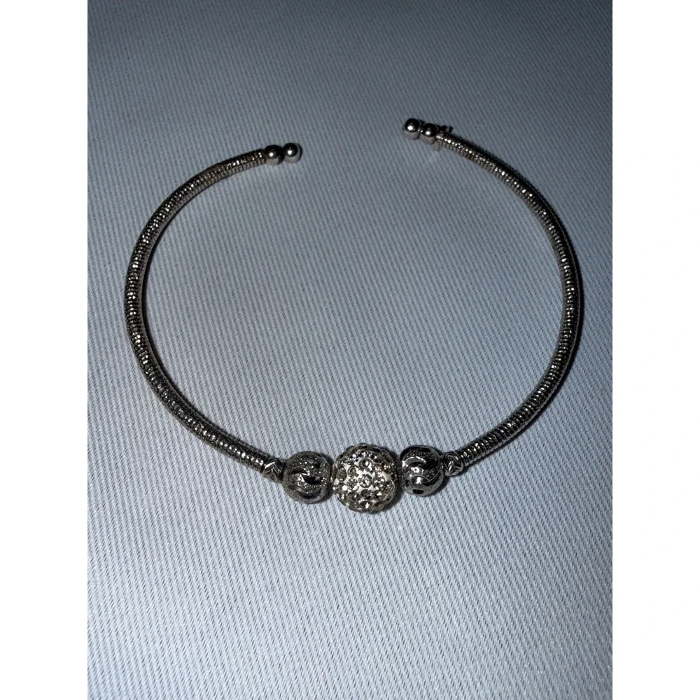 Sterling‎ Silver 925 Snake Chain Cuff Bracelet Crystal Pave Bead Accents